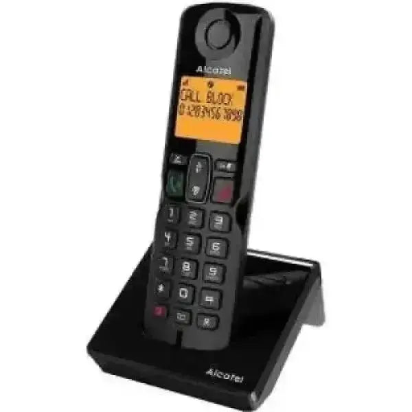 Telefono Cordless Alcatel nero con base di ricarica display arancione tastiera numerica e vivavoce