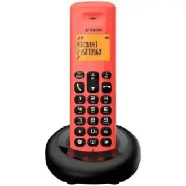 Telefono Cordless Alcatel rosso su base nera con tastiera numerica e display arancione retroilluminato per casa