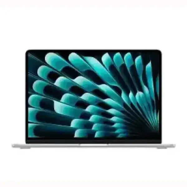 Notebook Apple MacBook Pro argento aperto frontale con schermo Retina e sfondo astratto turchese