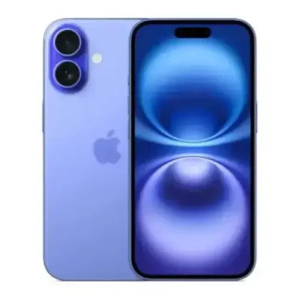 Smartphone Apple color lilla con doppia fotocamera posteriore e display frontale blu a tutto schermo