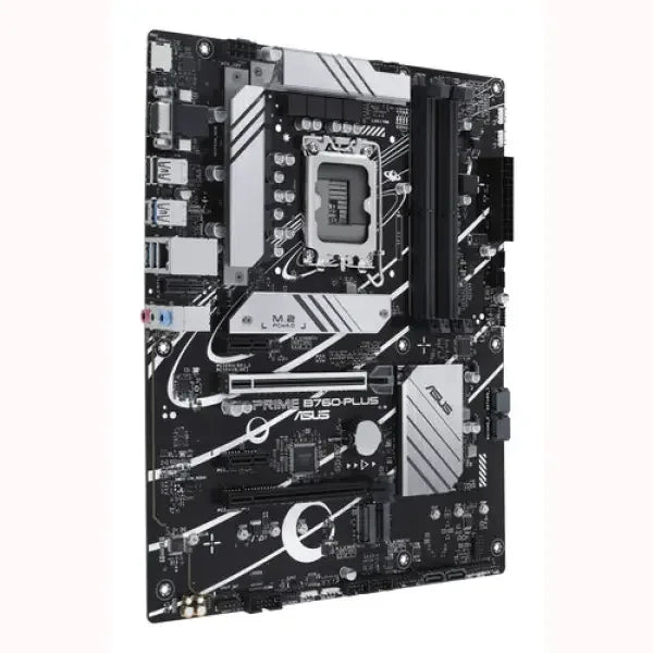 Scheda madre ASUS Prime B760 Plus nera e bianca con socket LGA slot PCIe M2 dissipatore e slot RAM per PC desktop