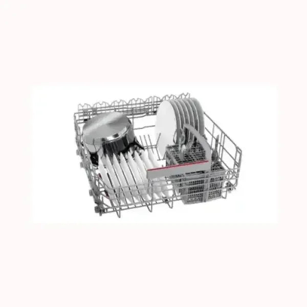Cesto lavastoviglie BOSCH in metallo con piatti, pentola e posate per organizzare il lavaggio