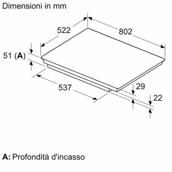 Schema tecnico con dimensioni in millimetri del piano cottura BOSCH per il montaggio e incasso