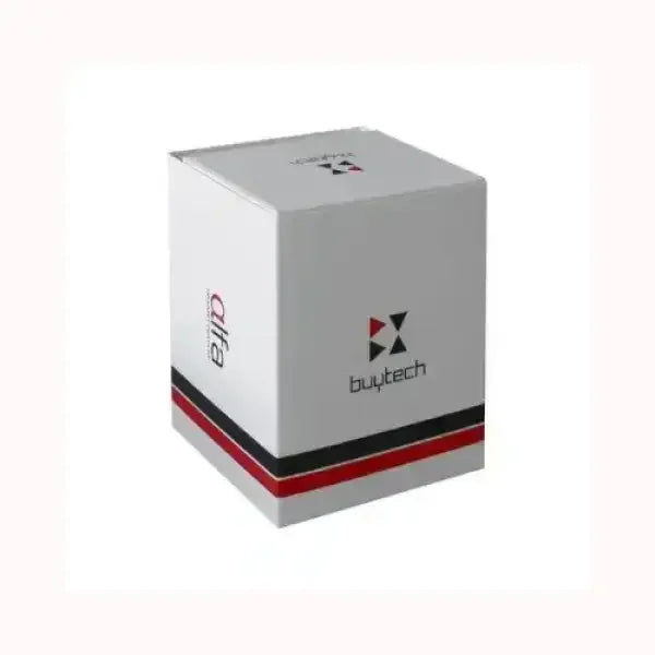 Confezione bianca smartwatch Buytech con dettagli in rosso e nero elegante design compatto