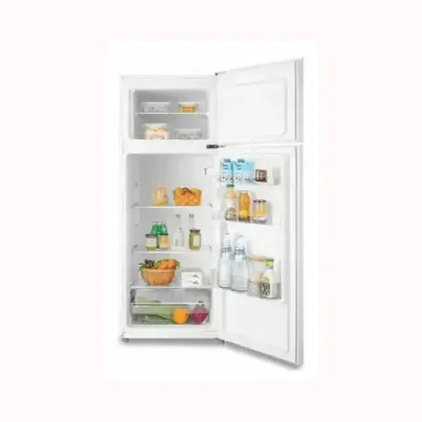 Frigorifero bianco COMFEE con doppia anta, freezer superiore e ripiani ben organizzati con alimenti