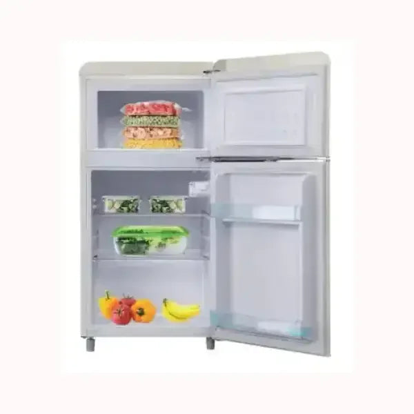 Frigorifero DCG bianco con freezer superiore e spazio interno per frutta verdura e alimenti