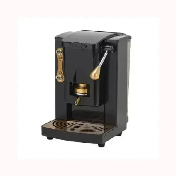 Macchina da caffè nera FABER con dettagli dorati e leva per espresso compatto e moderno