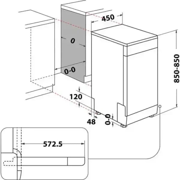Schema tecnico lavastoviglie Hotpoint con misure dettagliate per altezza larghezza e profondità