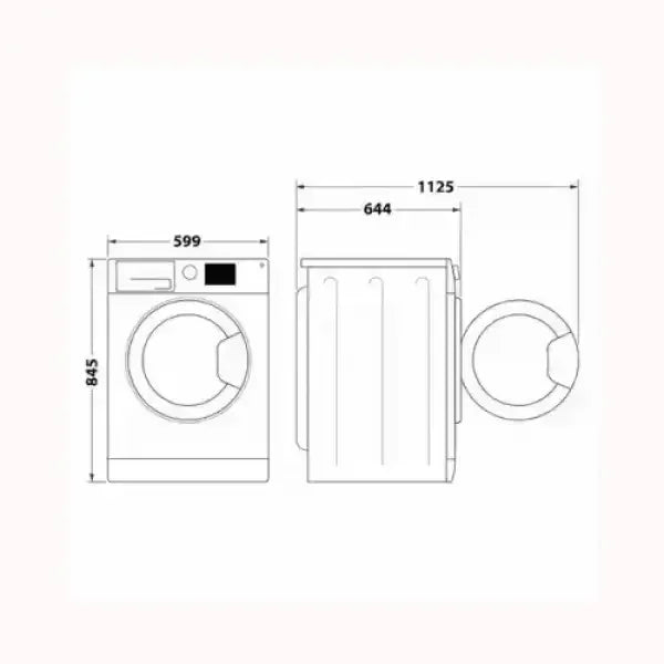 Disegno tecnico lavatrice HOTPOINT con misure altezza 845 mm larghezza 599 mm profondità 644 mm