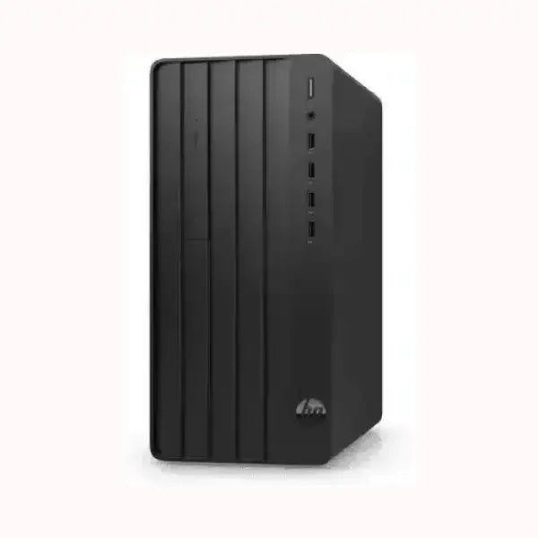 Torre HP PC desktop nera compatta con pannello frontale a linee verticali e porte USB per ufficio