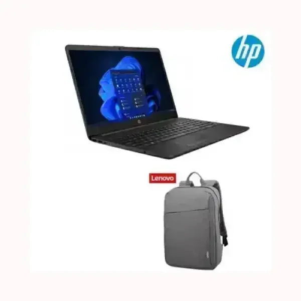 Notebook HP nero con schermo aperto e zaino Lenovo grigio in basso a destra