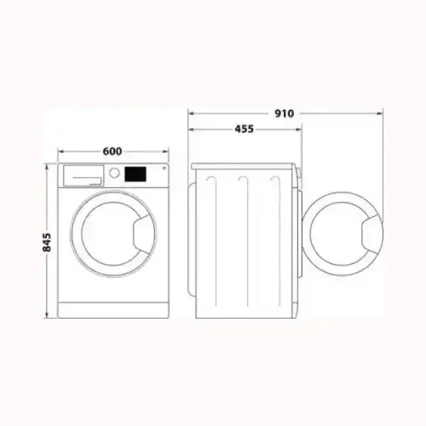 Disegno tecnico lavatrice INDESIT con misure altezza 845 mm larghezza 600 mm profondità 910 mm