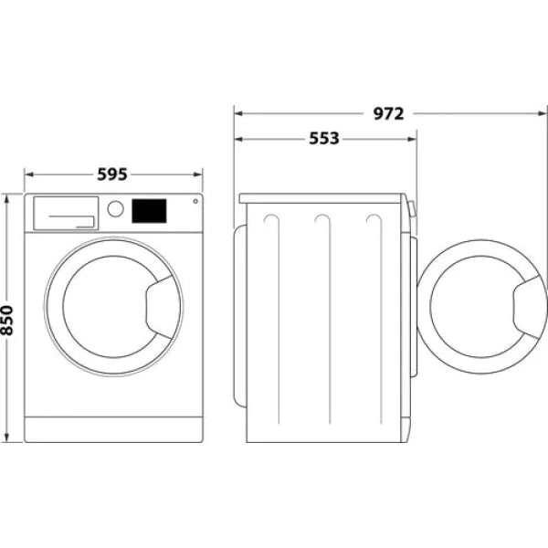 Disegno tecnico lavatrice Indesit con dimensioni altezza 850 mm larghezza 595 mm profondità 972 mm