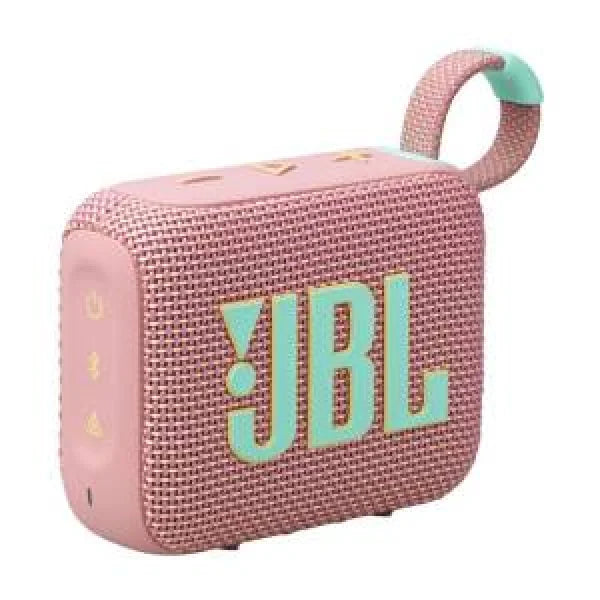 Altoparlante portatile JBL GO4 rosa con logo verde acqua e design compatto per audio in movimento