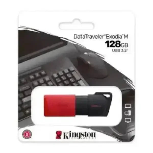 Pendrive KINGSTON DataTraveler Exodia M 128GB USB 3.2 con design rosso e nero in confezione