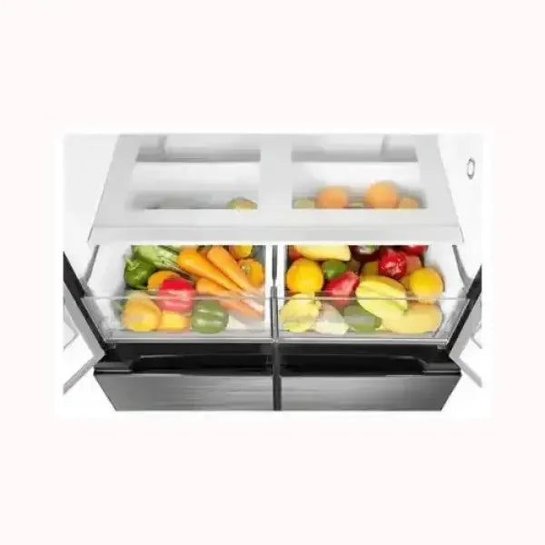 Frigorifero MIDEA con cassetti trasparenti pieni di verdure e frutta fresche