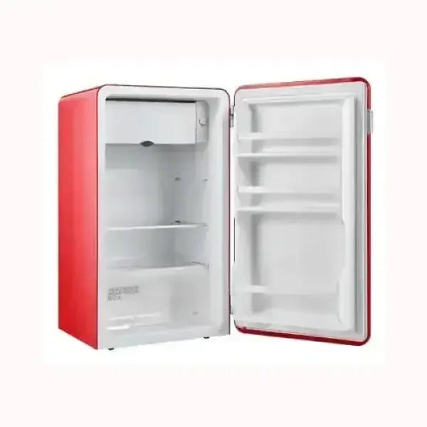 Frigorifero MIDEA compatto rosso con sportello aperto e interno bianco a più ripiani