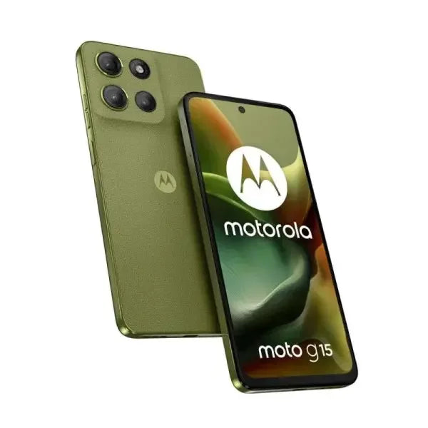 Smartphone Motorola moto g15 in verde con fotocamere posteriori e display luminoso