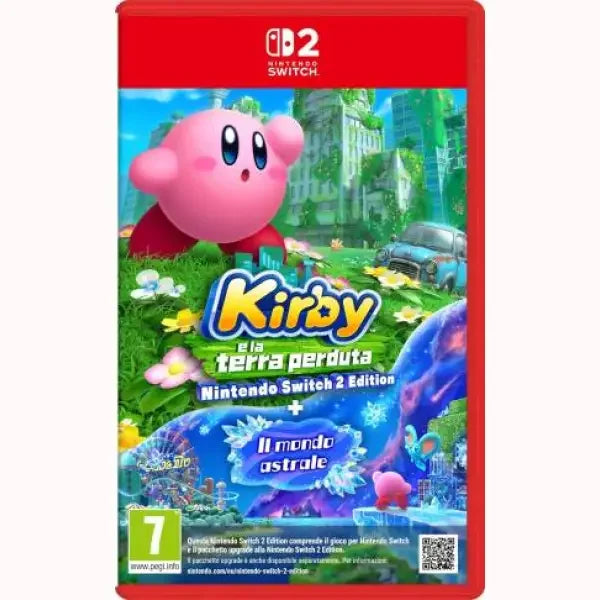 Copertina gioco Nintendo Switch 2 Kirby Kirby e la terra perduta edizione ufficiale con Kirby rosa in paesaggio verde