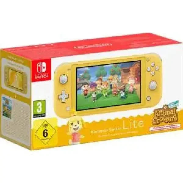 Nintendo Switch Lite gialla con gioco Animal Crossing in evidenza sulla schermata di avvio