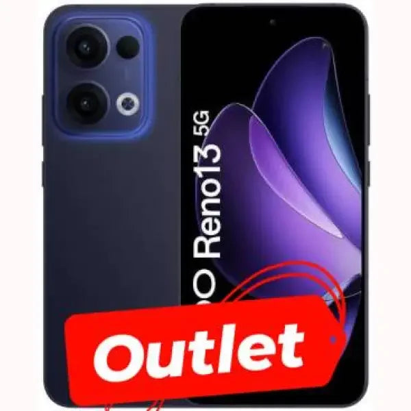 OPPO Reno 13 5G smartphone blu vista frontale e posteriore doppia fotocamera con etichetta Outlet scontato