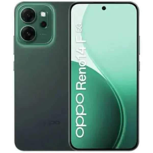 Smartphone OPPO Reno 14F in verde scuro con display AMOLED e tripla fotocamera sul retro