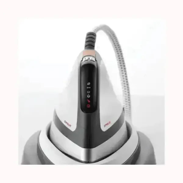 Ferro da stiro Polti moderno con design bianco e nero e impostazioni di controllo sulla maniglia