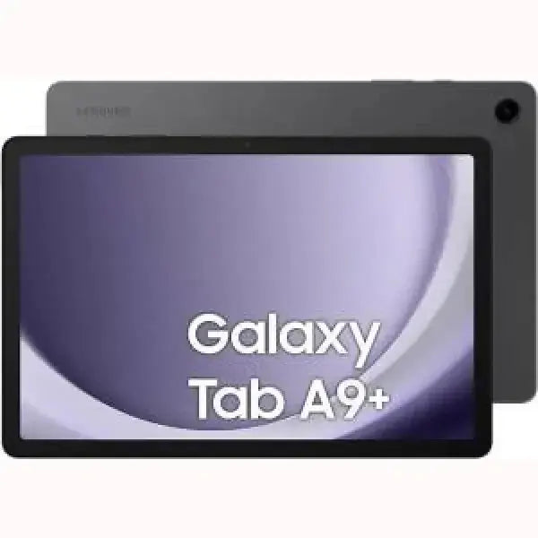 Samsung Galaxy Tab A9 Plus tablet grigio, vista frontale e posteriore con ampio schermo e fotocamera