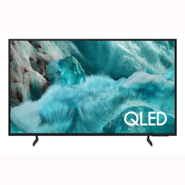 samsung tv QLED da 55 pollici con cornice nera e piedini, display turchese con colori vividi