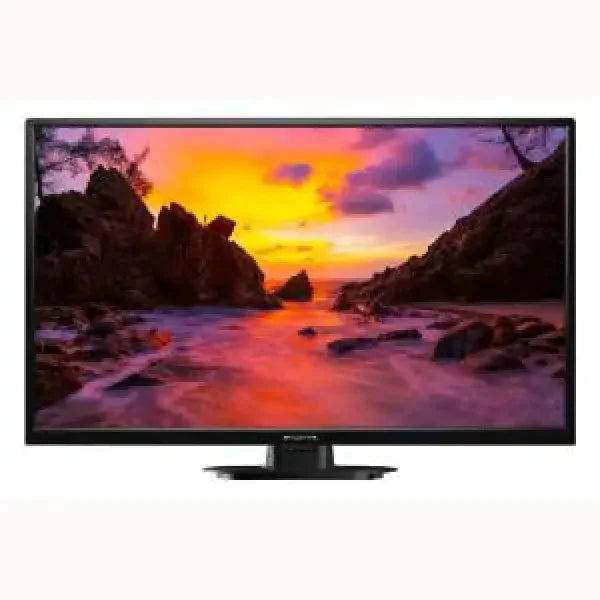 Sinudyne 32" LED TV televisore LED 32 pollici con cornice nera, base centrale e schermo che mostra tramonto sul mare