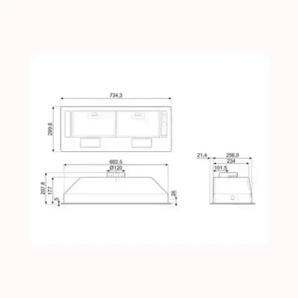 Schema tecnico con misure dettagliate della cappa da cucina SMEG per installazione e montaggio
