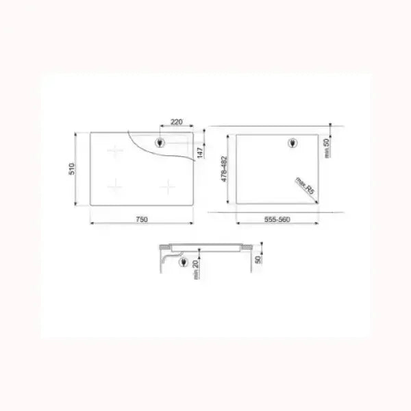 Disegno tecnico del piano cottura SMEG con misure dettagliate e design moderno