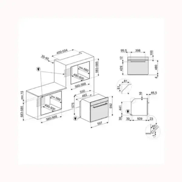 Schema tecnico con misure per forno SMEG da incasso con dettagli dimensioni installazione