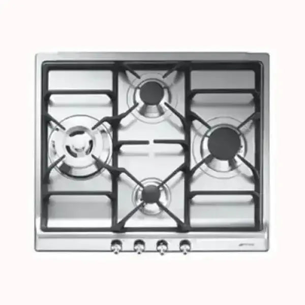 Piano cottura SMEG in acciaio inox con quattro fuochi e manopole frontali ergonomiche