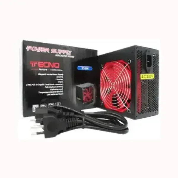 Alimentatore PC Tecno con ventola rossa, cavo di alimentazione e confezione nera per computer desktop