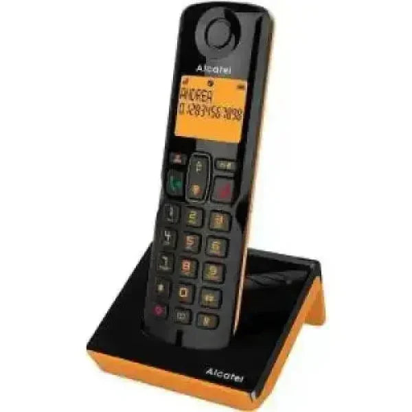 Telefono cordless Alcatel nero e arancione con base di ricarica, display retroilluminato e tastiera numerica