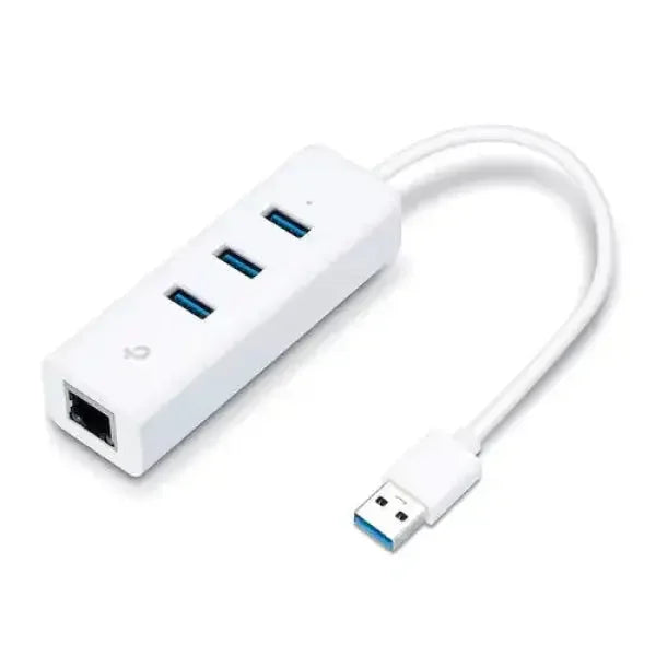 Adattatore USB TP-LINK con tre porte USB e porta Ethernet per connessioni stabili