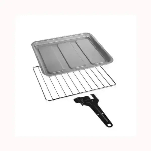 Accessori per fornetti TRISTAR con griglia metallica, teglia rettangolare e maniglia nera rimovibile