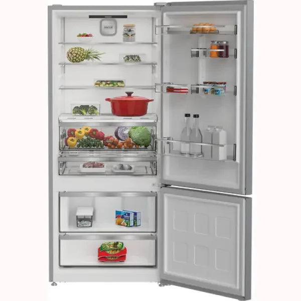 Frigorifero Hotpoint con doppia porta aperta e contenuto alimentare visibile