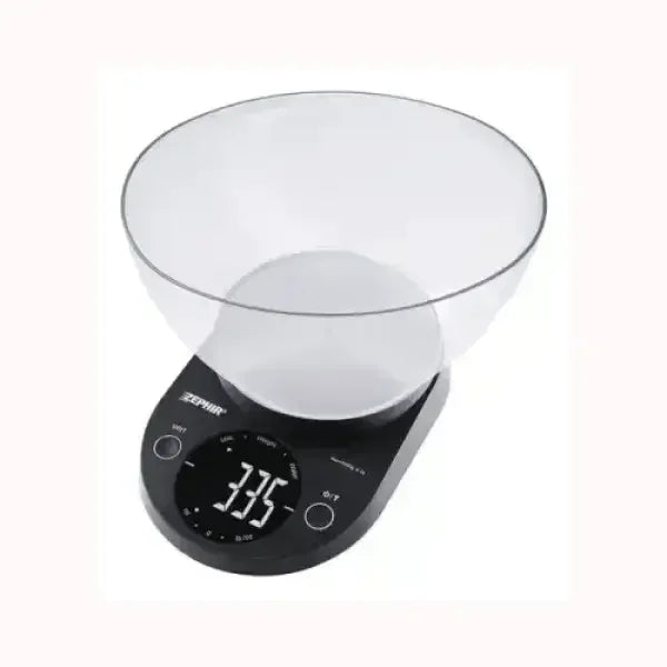 Pesa alimenti ZEPHIR digitale con ciotola trasparente e display LCD per misurazioni precise