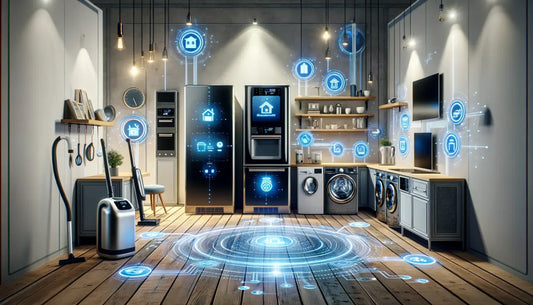 Cucina moderna con migliori elettrodomestici con tecnologia intelligente e icone digitali interattive