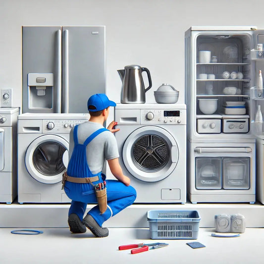 Tecnico che mostra come fare manutenzione elettrodomestici lavatrice e frigorifero in ambiente domestico