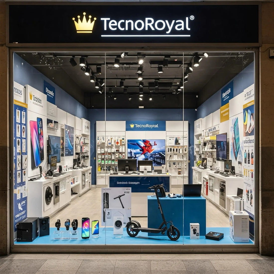 Negozio TecnoRoyal con prodotti tecnologici esposti che mostrano l'evoluzione dell'elettronica di consumo