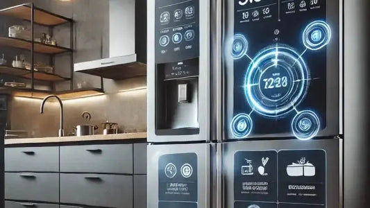 Frigorifero smart moderno in cucina con display digitale tra i migliori dispositivi intelligenti per la casa