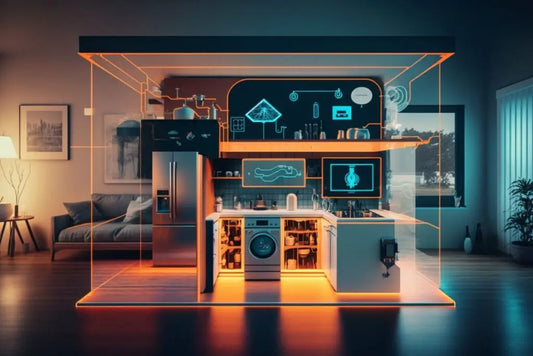 Casa intelligente con elettrodomestici connessi e dispositivi integrati rappresentando le Tecnologie di Domani