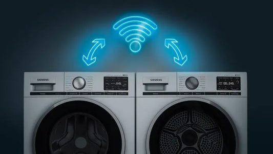 Due asciugatrici Siemens con simboli di connettività wireless per recensioni su asciugatrici contro corrente opinioni