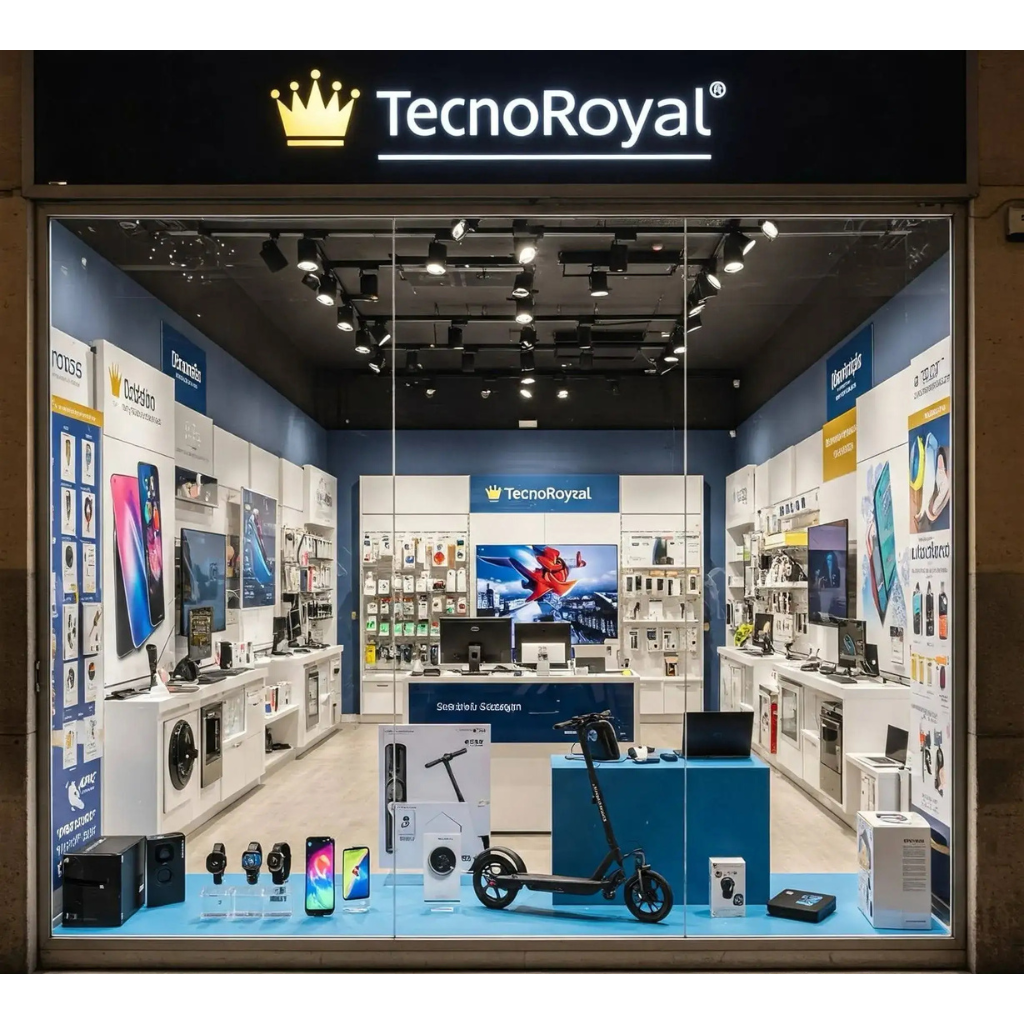 Vetrina di un negozio di elettronica con dispositivi e accessori tecnologici in esposizione