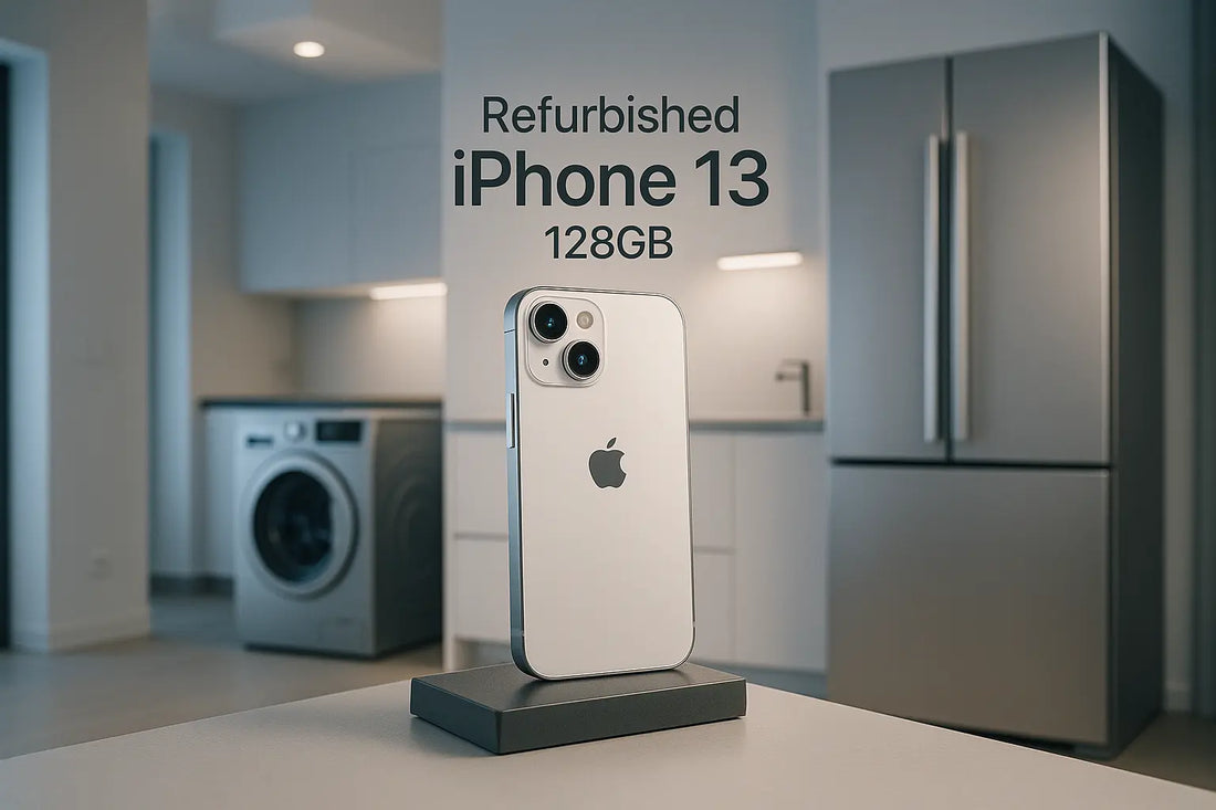iPhone 13 ricondizionato bianco da 128GB in esposizione in una cucina moderna