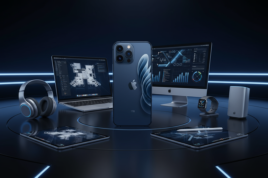 Apple iPhone 17 Pro in un display high-tech con accessori moderni e dispositivi collegati