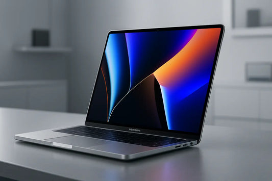 Apple MacBook Pro aperto su scrivania moderna vista angolata schermo acceso tastiera e porte laterali